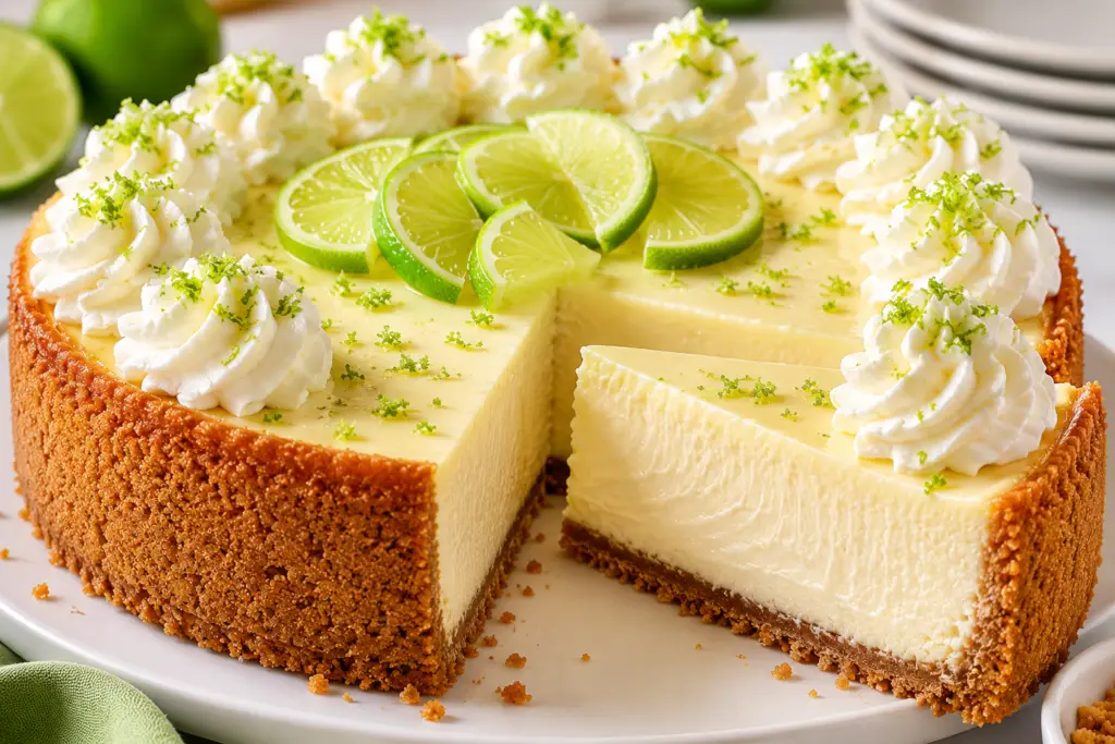 Creamy homemade key lime cheesecake with a buttery graham cracker crust, topped with whipped cream rosettes, fresh lime slices, and lime zest on a white cake stand.