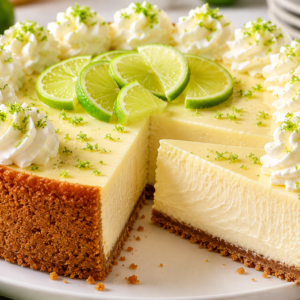 Key Lime Cheesecake- Key Lime Cheesecake Creamy homemade key lime cheesecake with a buttery graham cracker crust, topped with whipped cream rosettes, fresh lime slices, and lime zest on a white cake stand.