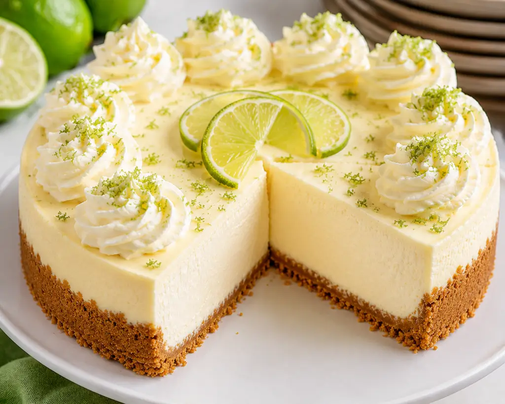 Creamy key lime cheesecake with a slice removed, featuring a buttery graham cracker crust that comes halfway up the sides, topped with whipped cream rosettes, fresh lime slices, and lime zest on a white serving platter.