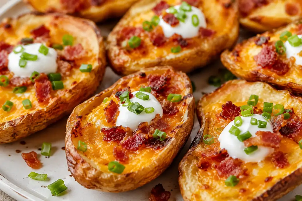 Close-up of crispy loaded potato skins topped with melted cheddar cheese, crumbled bacon, sour cream, and fresh green onions.