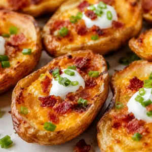 Close-up of crispy loaded potato skins topped with melted cheddar cheese, crumbled bacon, sour cream, and fresh green onions.