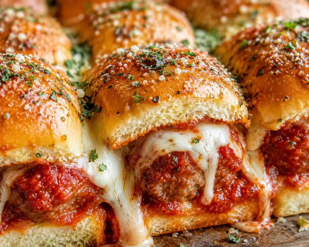 Close-up of baked meatball sliders made with Hawaiian rolls, marinara sauce, melted mozzarella cheese, and garlic butter topping.