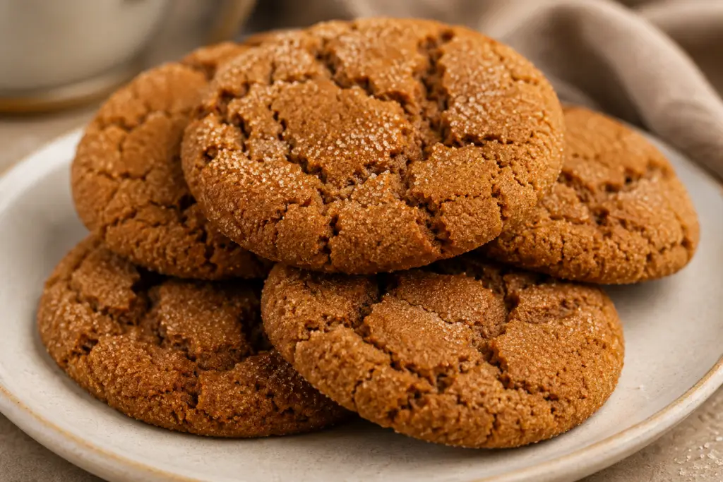 Close-up of a soft and chewy molasses cookie with crackled sugar-coated tops resting on a parchment-lined baking sheet.