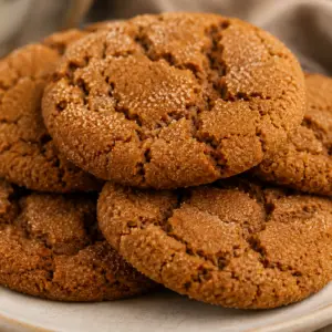 molasses cookies- Molasses Cookies Close-up of a soft and chewy molasses cookie with crackled sugar-coated tops resting on a parchment-lined baking sheet.