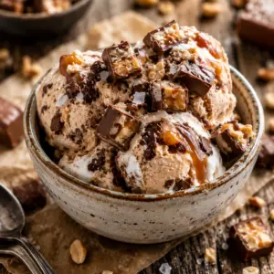 no churn snickers ice cream- No Churn Snickers Ice Cream Close-up of creamy homemade no churn Snickers ice cream in a rustic ceramic bowl topped with chopped Snickers candy bars, Nutella swirls, marshmallow fluff, flaky sea salt, and chocolate ribbons.