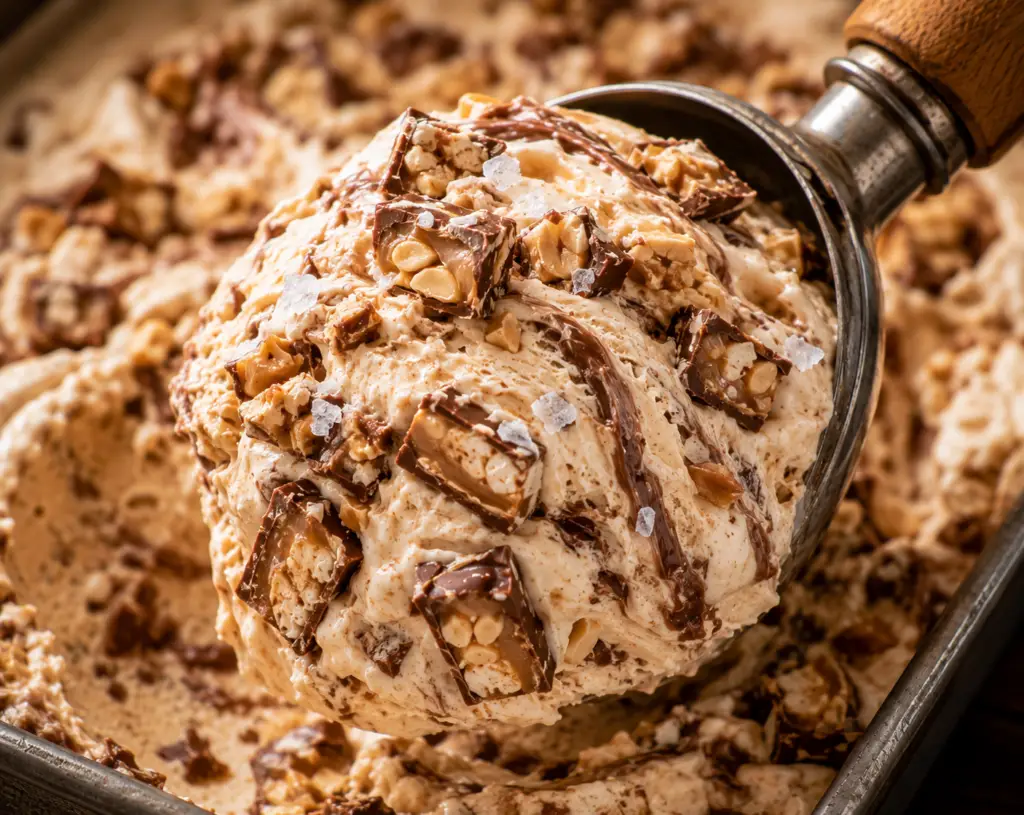 Vintage ice cream scoop lifting a creamy scoop of homemade no churn Snickers ice cream with chopped Snickers candy bars, Nutella swirls, marshmallow fluff, peanuts, and flaky sea salt.