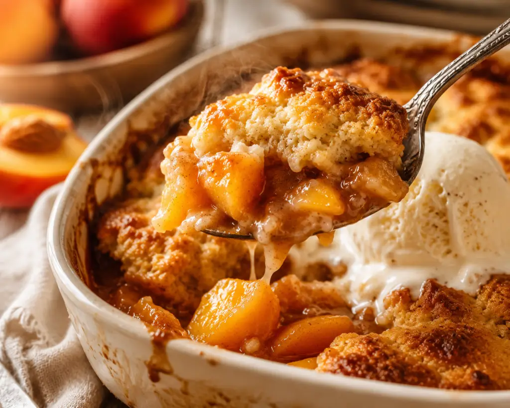 Large spoon lifting a warm serving of peach cobbler with tender peaches and buttery topping beside melting vanilla ice cream.