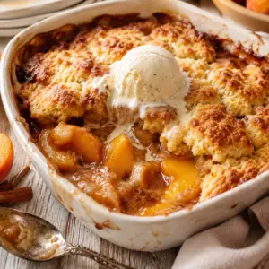Close-up of warm Southern peach cobbler in a white ceramic baking dish topped with melting vanilla bean ice cream, revealing juicy cinnamon peaches and a buttery golden topping.