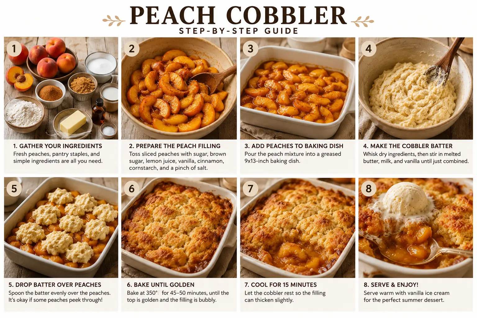 Eight-step peach cobbler recipe guide showing ingredients, peach filling preparation, batter mixing, baking, and serving with vanilla ice cream.