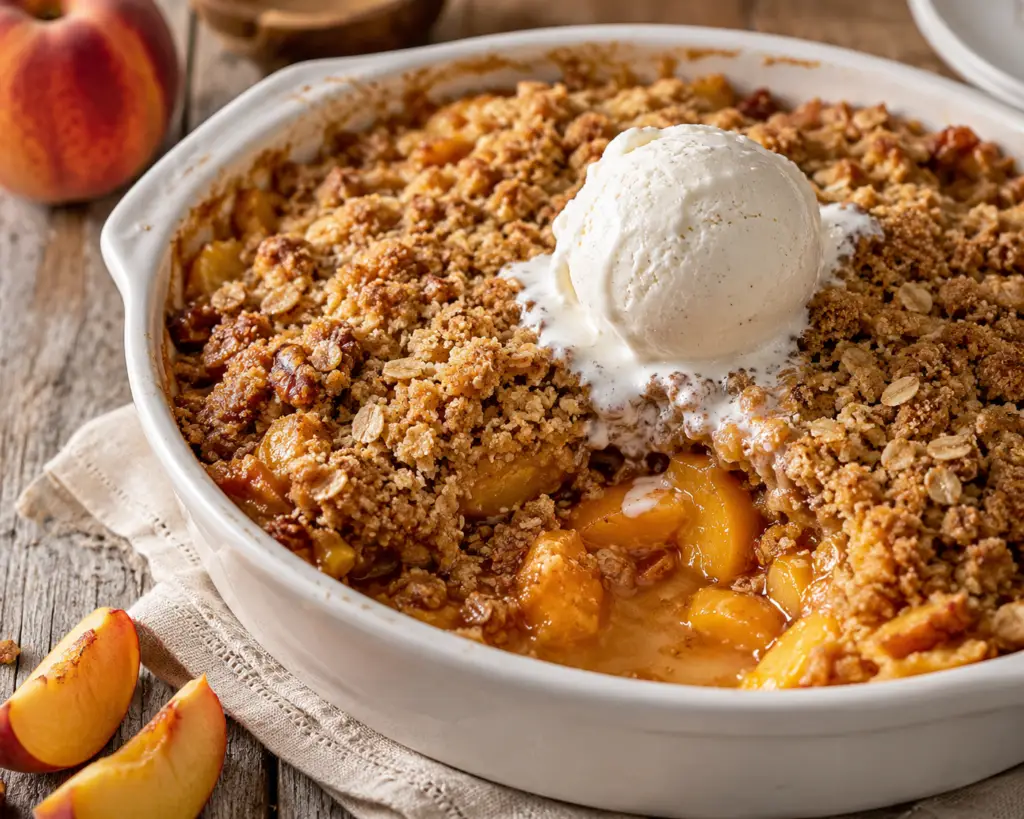 Close-up of homemade peach crisp in a white ceramic baking dish topped with melting vanilla ice cream, featuring juicy peaches and a golden buttery oat crumble.