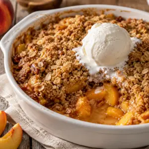 Close-up of homemade peach crisp in a white ceramic baking dish topped with melting vanilla ice cream, featuring juicy peaches and a golden buttery oat crumble.