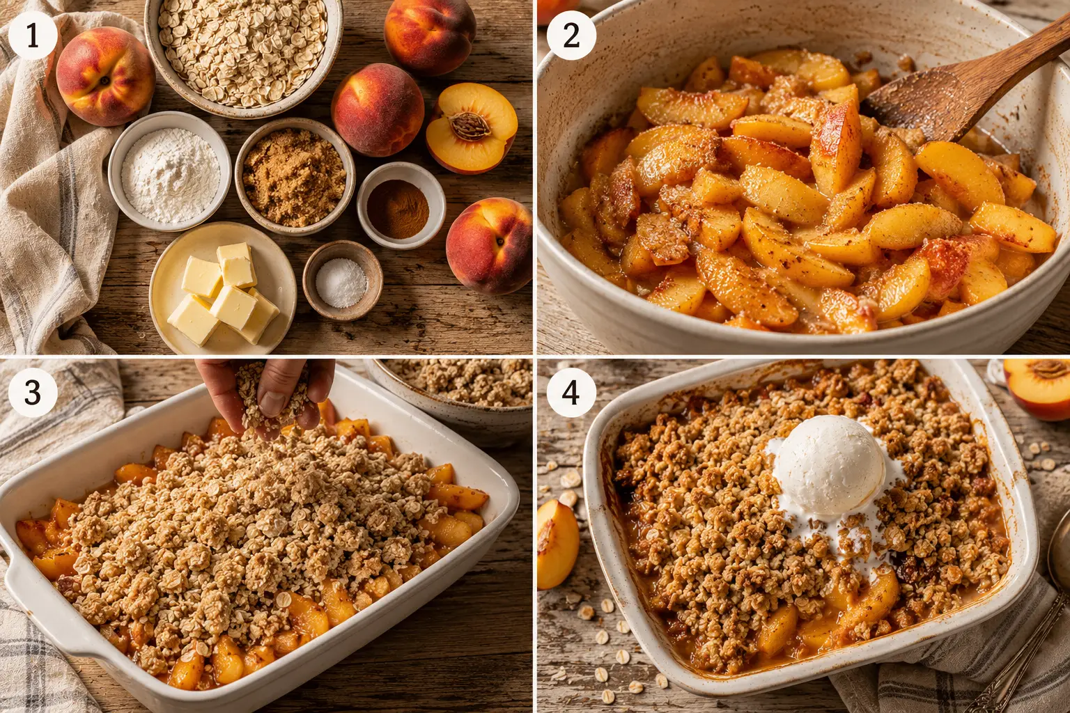 Four-step collage showing peach crisp ingredients, cinnamon peaches, oat topping preparation, and the finished peach crisp with vanilla ice cream.