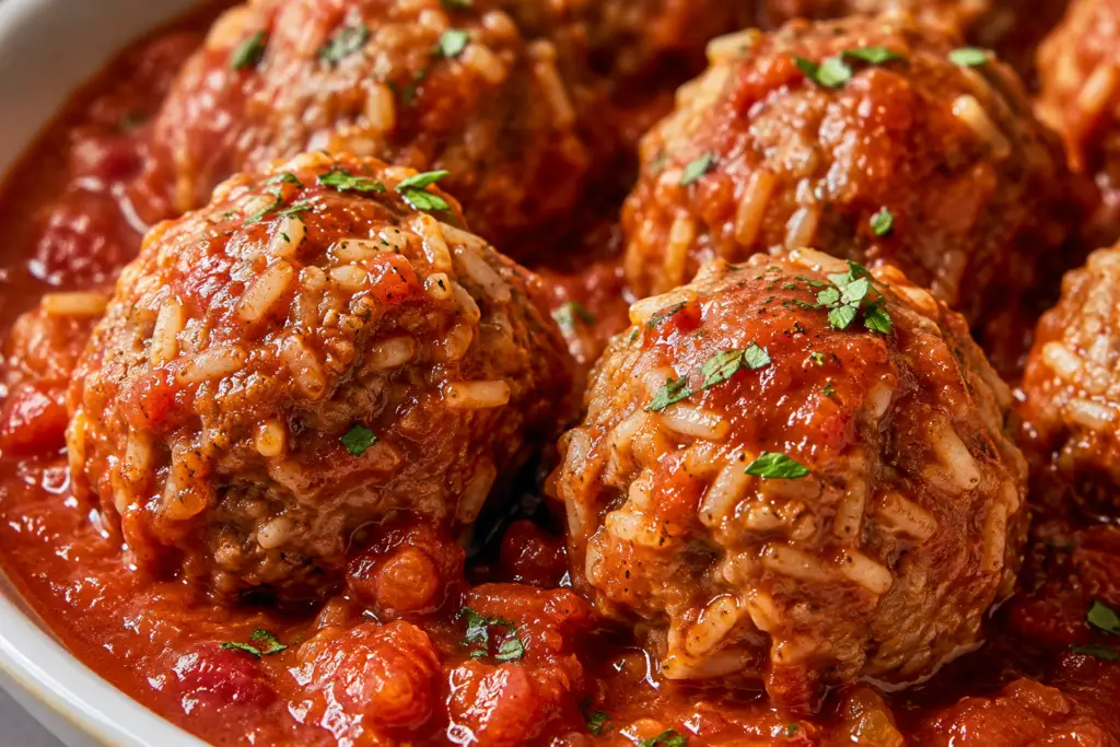 Close-up of old-fashioned porcupine meatballs made with ground beef and rice simmered in a rich homemade tomato sauce and garnished with fresh parsley.