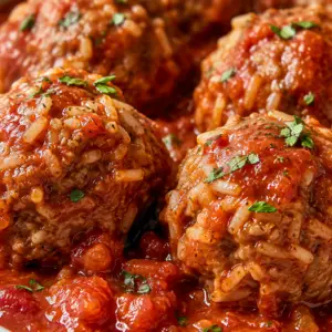 Close-up of old-fashioned porcupine meatballs made with ground beef and rice simmered in a rich homemade tomato sauce and garnished with fresh parsley.