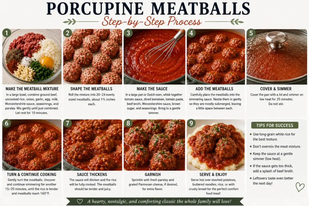 Step-by-step infographic showing how to make old-fashioned porcupine meatballs with ground beef, rice, and homemade tomato sauce from start to finish.