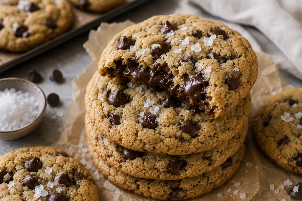 Close-up of thick chocolate chip cookies stacked on parchment paper with gooey melted chocolate centers and flaky sea salt sprinkled on top.