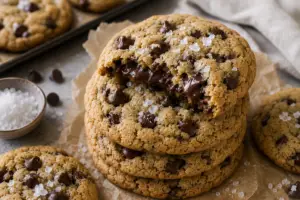 pumpkin caramel sauce- Homemade Pumpkin Caramel Sauce Close-up of thick chocolate chip cookies stacked on parchment paper with gooey melted chocolate centers and flaky sea salt sprinkled on top.