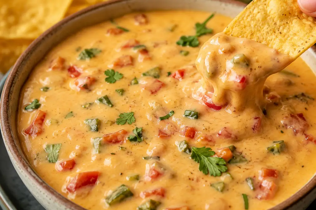 Close-up of creamy homemade queso dip topped with cilantro and diced tomatoes with a tortilla chip lifting a thick scoop of cheesy dip.