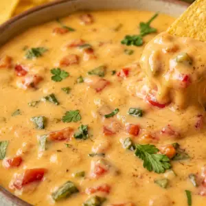 Close-up of creamy homemade queso dip topped with cilantro and diced tomatoes with a tortilla chip lifting a thick scoop of cheesy dip.