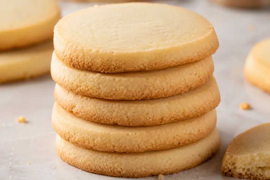 Stack of golden homemade shortbread cookies with crisp edges and a tender buttery crumb.