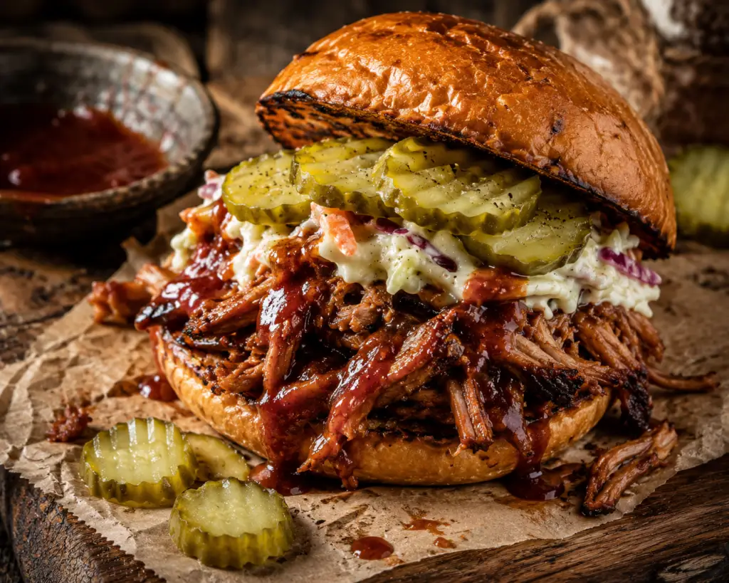 Close-up of a toasted brioche bun piled high with juicy slow cooker BBQ pulled pork, creamy coleslaw, pickle slices, and barbecue sauce on rustic parchment paper atop a wooden serving board.