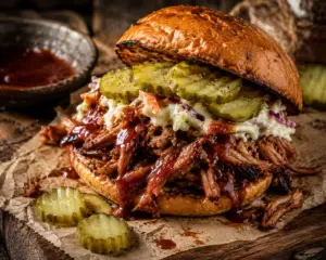 Close-up of a toasted brioche bun piled high with juicy slow cooker BBQ pulled pork, creamy coleslaw, pickle slices, and barbecue sauce on rustic parchment paper atop a wooden serving board.