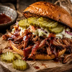 Close-up of a toasted brioche bun piled high with juicy slow cooker BBQ pulled pork, creamy coleslaw, pickle slices, and barbecue sauce on rustic parchment paper atop a wooden serving board.