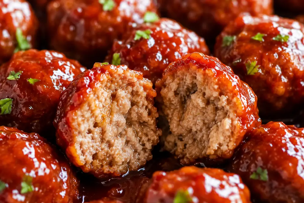 A slow cooker party meatball split in half to reveal its juicy, tender interior with a glossy grape jelly barbecue glaze.