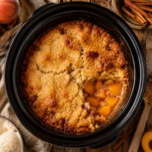 Overhead view of peach cobbler in a black slow cooker with one serving scooped out to reveal juicy peach filling.