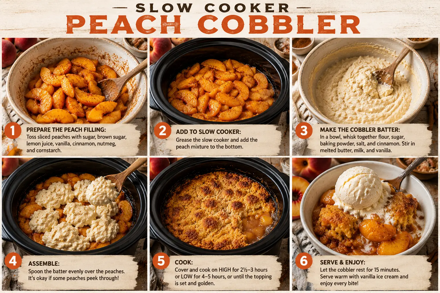 Six-step graphic showing how to make slow cooker peach cobbler from preparing peaches to serving with vanilla ice cream.