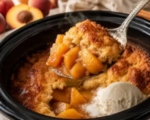 Vintage spoon lifting a warm serving of peach cobbler from a black slow cooker with tender peaches and buttery topping.