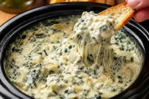 Creamy crockpot spinach artichoke dip topped with green onions and red pepper flakes with cheesy strands stretching from a toasted bread slice.
