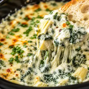 slow cooker spinach dip- Slow Cooker Spinach Dip Close-up of creamy slow cooker spinach artichoke dip with melted cheese stretching onto a toasted baguette slice.