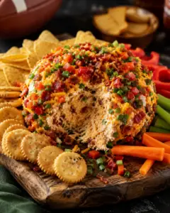 Rustic Southwest cheese ball coated in bacon, cheddar cheese, green onions, and diced red peppers served with crackers and fresh vegetables.