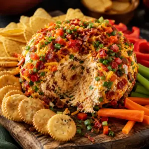southwest cheese ball- Southwest Cheese Ball Recipe Rustic Southwest cheese ball coated in bacon, cheddar cheese, green onions, and diced red peppers served with crackers and fresh vegetables.