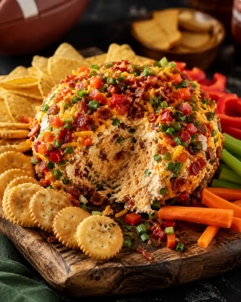 Rustic Southwest cheese ball coated in bacon, cheddar cheese, green onions, and diced red peppers served with crackers and fresh vegetables.