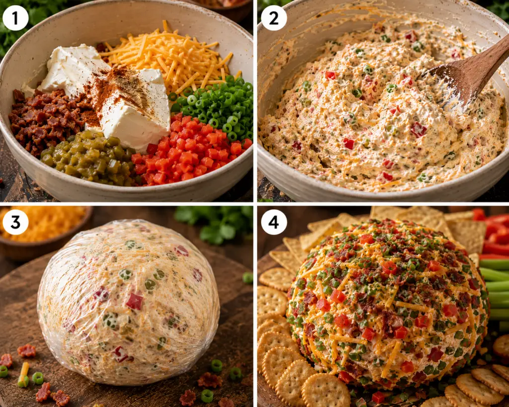 Rustic four-step Southwest cheese ball recipe collage with ingredients, mixing, wrapping, and finished presentation.