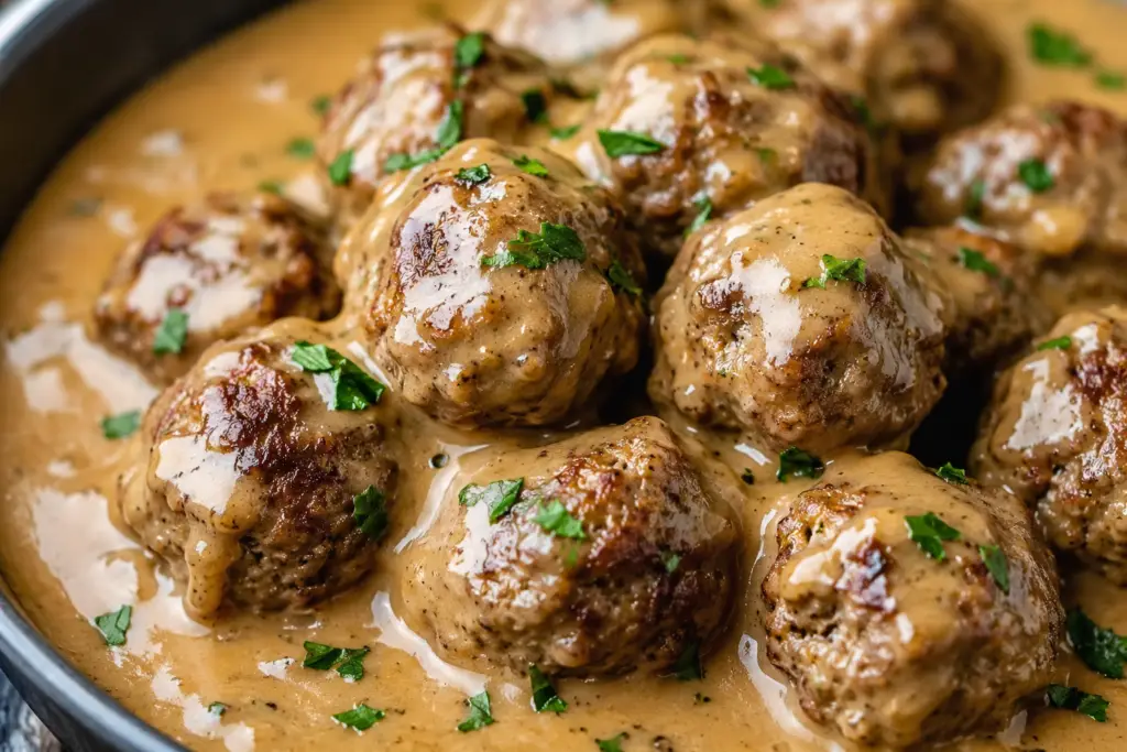 Close-up of homemade Swedish meatballs smothered in rich, creamy brown gravy and garnished with fresh parsley in a skillet.