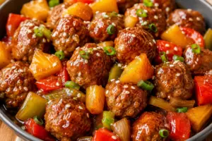 Wooden spoon lifting homemade sweet and sour meatballs from a sage green ceramic skillet filled with pineapple, bell peppers, onions, and glossy sweet and sour sauce.
