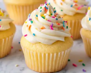 Close-up of a homemade vanilla cupcake topped with a tall swirl of creamy vanilla buttercream frosting and colorful rainbow sprinkles.