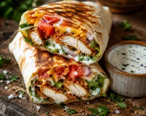 Golden Air Fryer Crispy Chicken Wrap sliced in half with crispy breaded chicken, lettuce, tomatoes, cheddar cheese, red onion, creamy yogurt ranch sauce, and toasted tortilla on a rustic wooden cutting board.