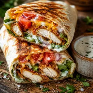 - Air Fryer Crispy Chicken Wrap Golden Air Fryer Crispy Chicken Wrap sliced in half with crispy breaded chicken, lettuce, tomatoes, cheddar cheese, red onion, creamy yogurt ranch sauce, and toasted tortilla on a rustic wooden cutting board.