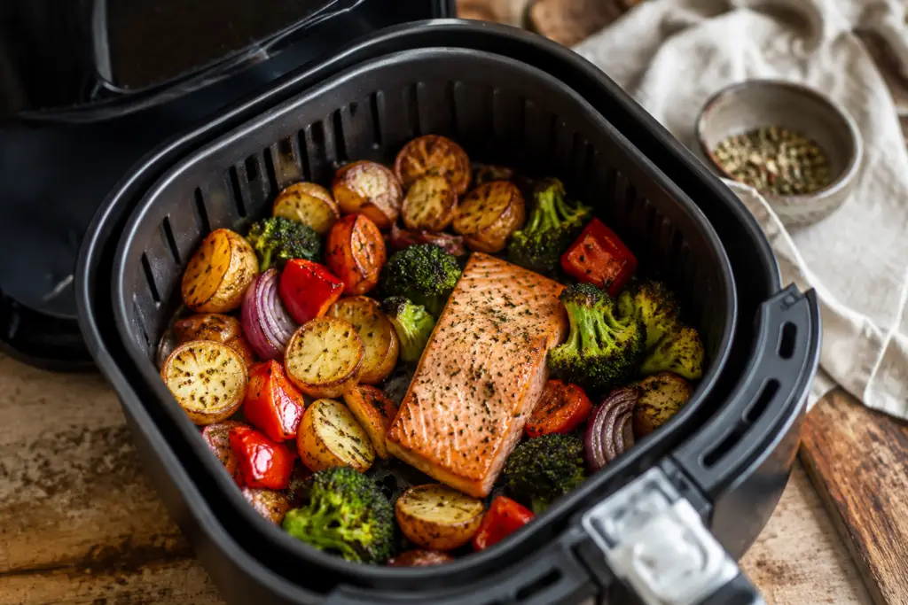 Close-up of salmon, roasted potatoes, broccoli, peppers, and red onion cooked in an air fryer basket.