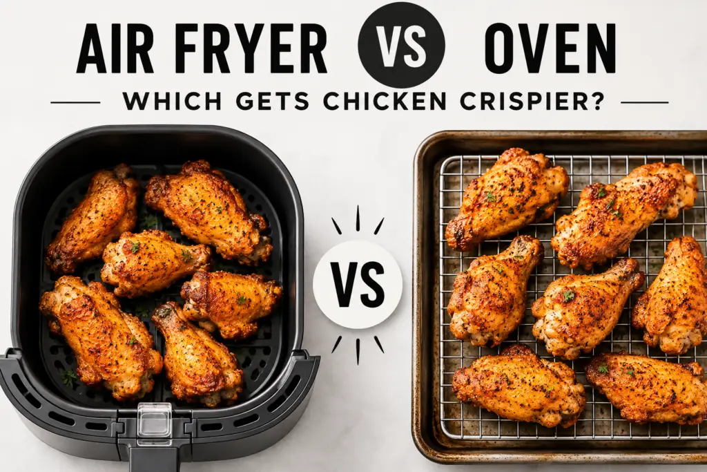 Air fryer vs oven chicken comparison featuring crispy golden chicken cooked in an air fryer beside oven-baked chicken on a wire rack.