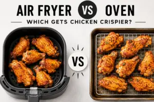 Air fryer vs oven chicken comparison featuring crispy golden chicken cooked in an air fryer beside oven-baked chicken on a wire rack.
