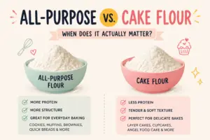 All-purpose flour vs cake flour comparison showing two bowls of flour and the differences in protein, structure, texture, and best baking uses.