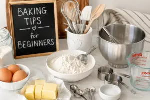 Baking tips for beginners with flour, eggs, butter, measuring cups, mixing bowls, whisks, and essential baking tools arranged on a bright kitchen countertop.