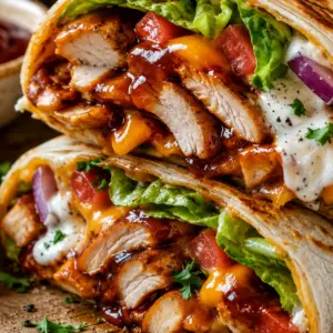 Golden toasted BBQ Chicken Wrap sliced in half with juicy barbecue chicken, melted cheddar cheese, romaine lettuce, tomatoes, red onion, and ranch dressing on a rustic wooden board.