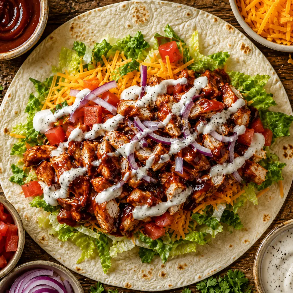 Overhead view of a flour tortilla layered with barbecue chicken, cheddar cheese, romaine lettuce, tomatoes, red onion, and ranch dressing before rolling into a BBQ Chicken Wrap.