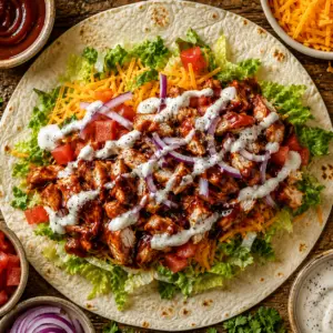 Overhead view of a flour tortilla layered with barbecue chicken, cheddar cheese, romaine lettuce, tomatoes, red onion, and ranch dressing before rolling into a BBQ Chicken Wrap.